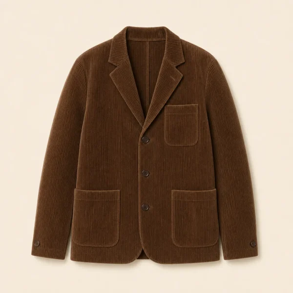 Front view of the Fallow Heavy Velvet Blazer in tobacco-brown wide-wale corduroy
