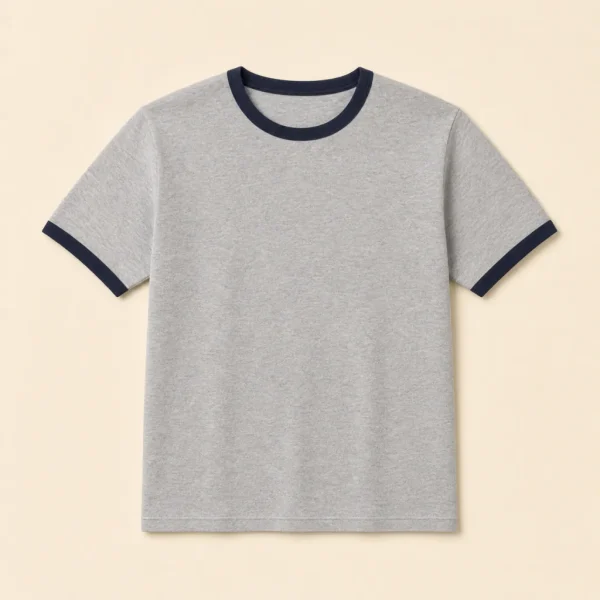 Front view of the heather-grey Fallow Heritage Ringer Tee with ink-navy trim