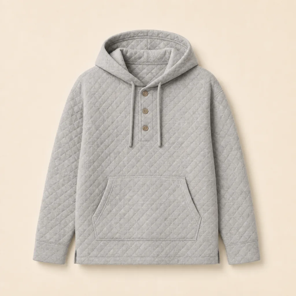 Front view of the Fallow Quilted Camp Hoodie in light grey diamond-quilted cotton