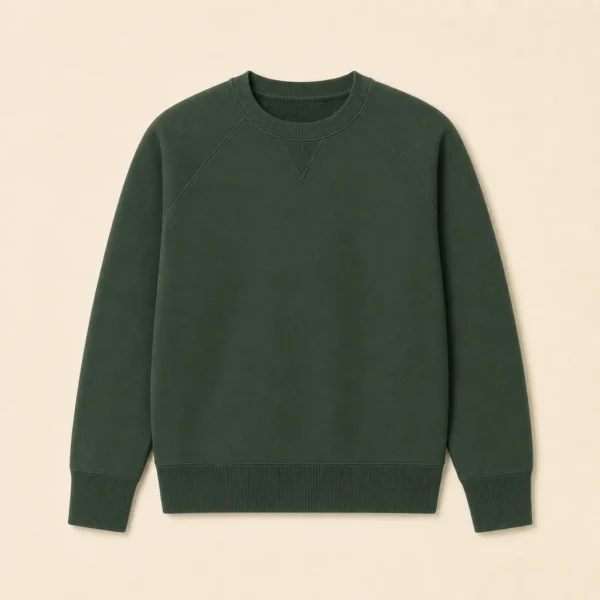 Forest green organic cotton Trail Crew sweatshirt, complete front view on warm oatmeal.