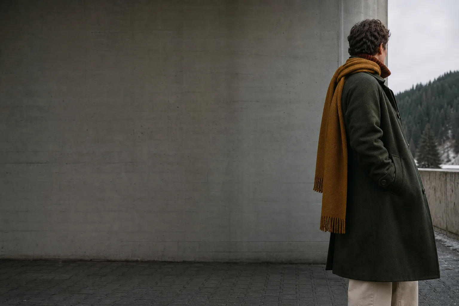 Person in a dark moss coat and ochre scarf against a grey winter landscape