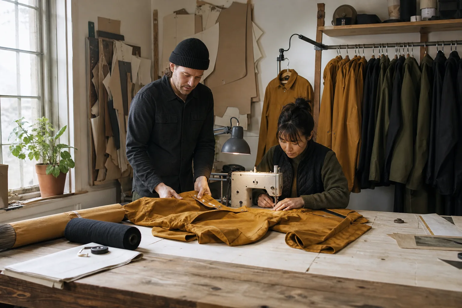 Two makers checking and sewing an ochre jacket in a small Toronto workshop